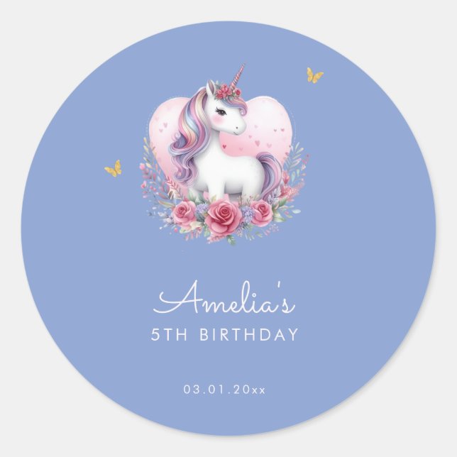 Pegatina Redonda Magico unicornio lindo favorito de cumpleaños azul (Anverso)
