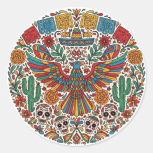 Pegatina Redonda Magnate mexicano de águilas y cráneos