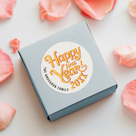 Pegatina Redonda Magnate retro vintage feliz año nuevo amarillo Typ