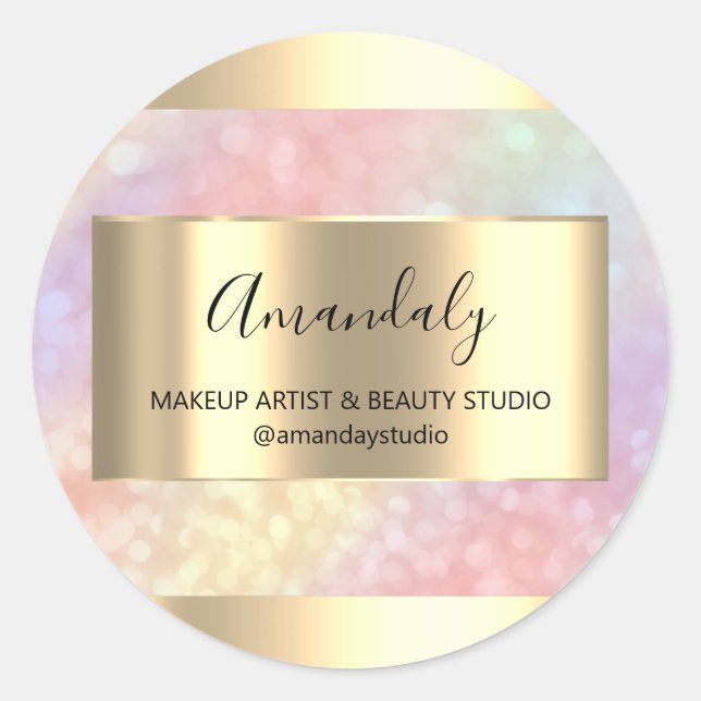 Pegatina Redonda Magnífica Belleza Ver Marco Favor Oro Holográfico (Anverso)