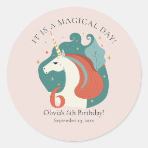 Pegatina Redonda Magnífica fiesta de cumpleaños de unicornio