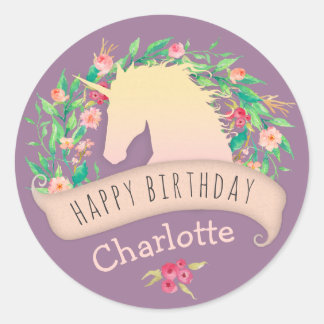 Pegatina Redonda Magnífica fiesta de cumpleaños floral de unicornio