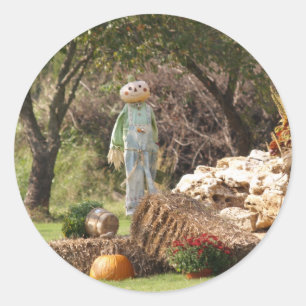 Pegatina Redonda Magnífica foto de calabaza de espantapájaros de