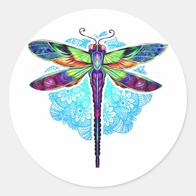 Pegatina Redonda Magnífica libélula colorida Mandala (Anverso)