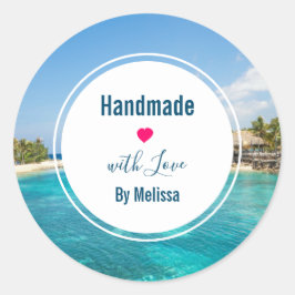 Pegatina Redonda Magnífica playa tropical azul hecha a mano con amo