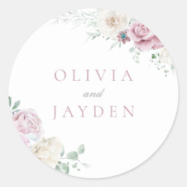 Pegatina Redonda Magnífico Boda Floral Botánico y Rubor