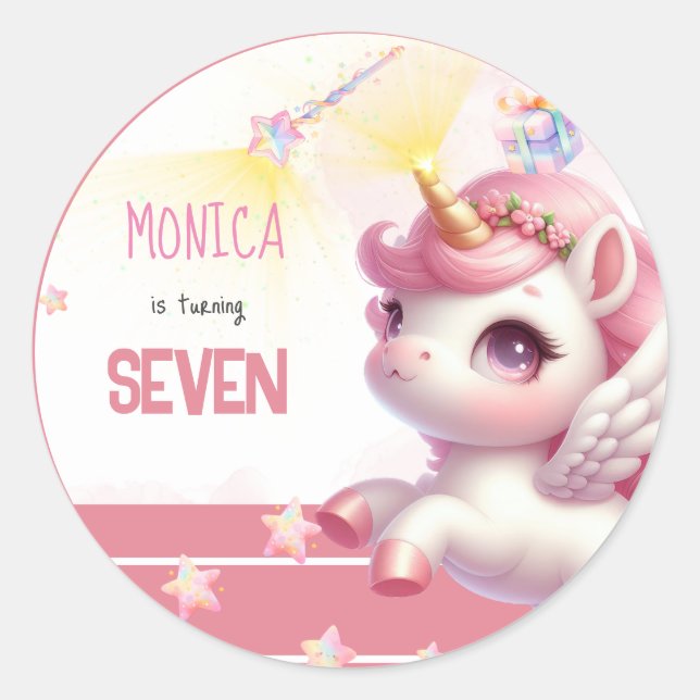 Pegatina Redonda Magnífico cumpleaños de niños de unicornio pastel (Anverso)