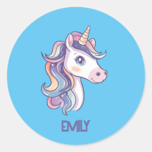Pegatina Redonda Magnífico pastel de unicornio con nombre de niño