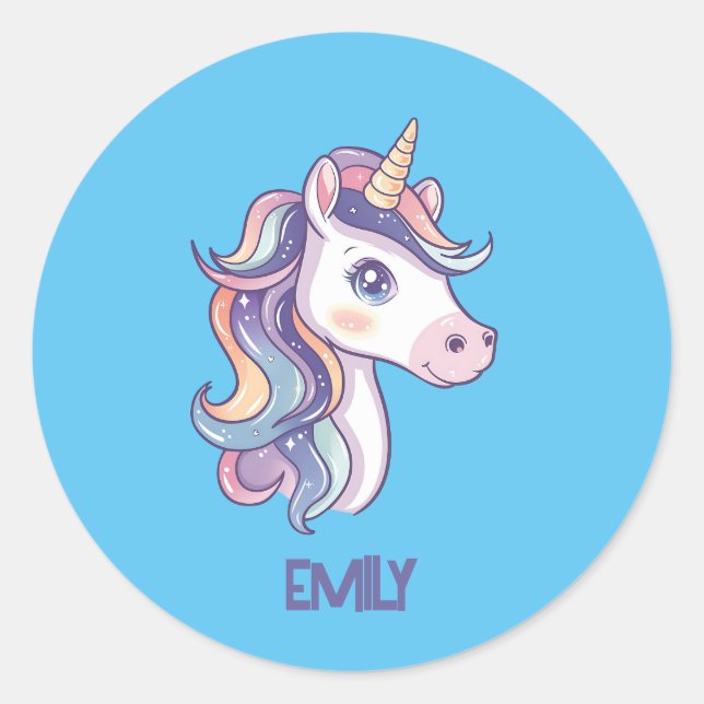 Pegatina Redonda Magnífico pastel de unicornio con nombre de niño (Anverso)