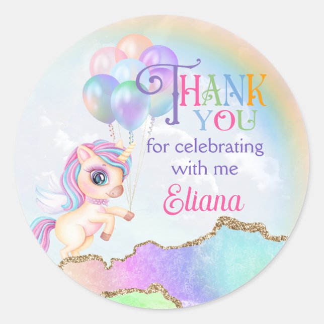 Pegatina Redonda Magnífico Rainbow Unicorn Gracias (Anverso)