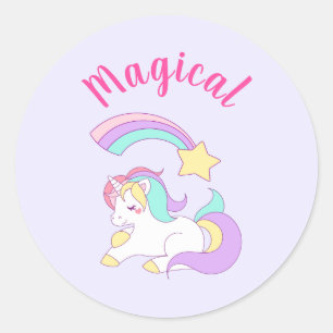 Pegatina Redonda Magnífico unicornio con estrella de tiro arco iris