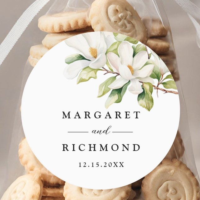 Pegatina Redonda Magnolia Blanca Elegante Boda acuarela Floral (Subido por el creador)