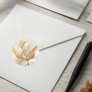 Pegatina Redonda Magnolia blanca oriental elegante salva la fecha