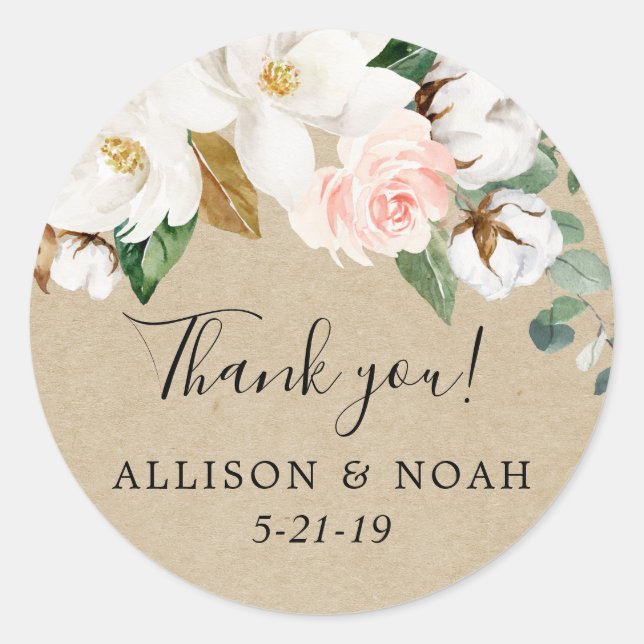 Pegatina Redonda Magnolia blanca rosa rosa ruidosa floral favorece (Anverso)