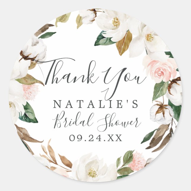 Pegatina Redonda Magnolia Elegante Gracias Bridal Shower Favor (Anverso)