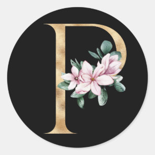 Pegatina Redonda Magnolia floral monograma en letra dorada P