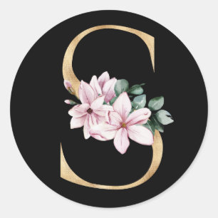 Pegatina Redonda Magnolia floral monograma en letra oro S