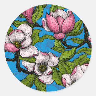 Pegatina Redonda Magnolia floreciente en azul
