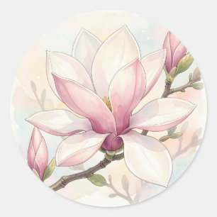 Pegatina Redonda Magnolia Rosa Delicada Floración Acuarela