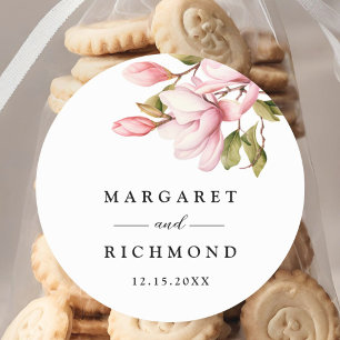 Pegatina Redonda Magnolia rosa elegante acuarela Boda floral