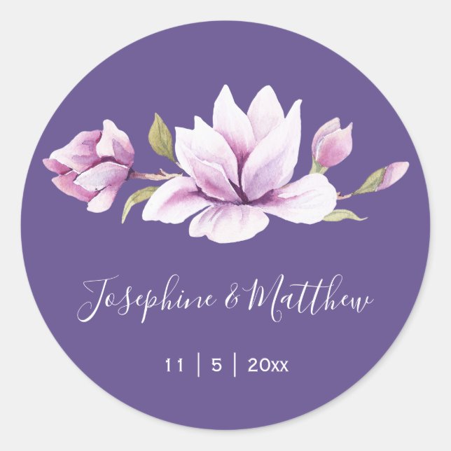Pegatina Redonda Magnolia Violet Floral Wedding Stickers (Anverso)