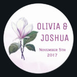 Pegatina Redonda Magnolia Wedding Stickers<br><div class="desc">Estos stickers de boda tienen una flor de magnolia. Puede personalizar estos pegatinas con sus nombres y fecha de boda. Haga clic en el botón "Personalizar" para obtener más opciones si necesita cambiar el tamaño de la fuente o desea agregar texto adicional. Estos pegatinas son ideales para ser usados como...</div>