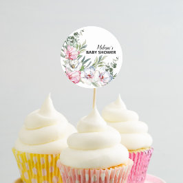 Pegatina Redonda Magnolia White Rubor Pink Floral Cupcake Topkings