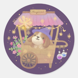 Pegatina Redonda Mago Cachorro: Carrito de Vendedor Mágico Vintage