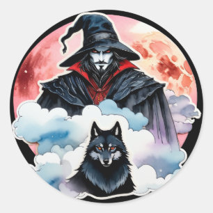 Pegatina Redonda Mago con un lobo - Diversión para fans de Hallowee