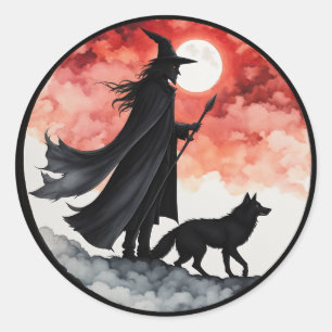Pegatina Redonda Mago con un lobo - Diversión para fans de Hallowee