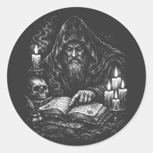 Pegatina Redonda Mago estudiando el grimorio — por BurnsInHell