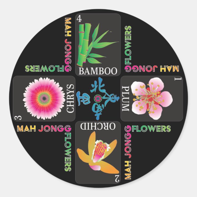 Pegatina Redonda Mah Jongg 4 Pegatinas de flores (Anverso)