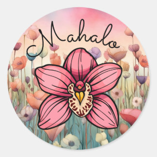 Pegatina Redonda Mahalo Gracias Orquídea