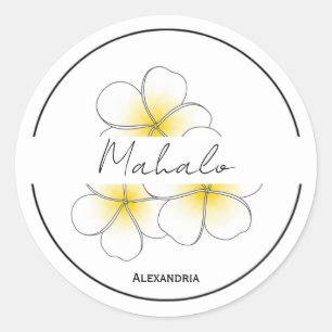 Pegatina Redonda Mahalo gracias sticker personalizable de plumeria