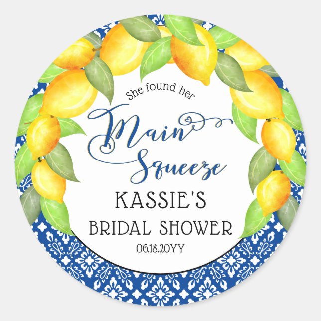 Pegatina Redonda Main Squeeze Lemons Italiano Bridal Shower Classic (Anverso)