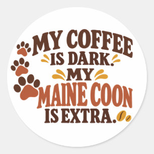 Pegatina Redonda Maine Coon Café Oscuro Retro Marrón y Naranja Cita