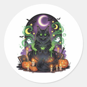 Pegatina Redonda Maine Coon Cauldron - Famoso gato Halloween