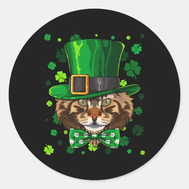 Pegatina Redonda Maine Coon St Patricks Day Cat Leprechaun Gorra Sh (Anverso)
