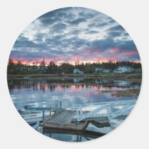 Pegatina Redonda Maine, Newagen, puerto de puesta de sol 2 2