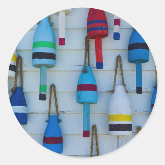 Pegatina Redonda Maine, Stonington, boyas decorativas de langosta (Anverso)