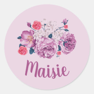 Pegatina Redonda Maisie Name Floral Personalizado Vintage Flower Ro