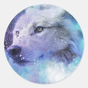 Pegatina Redonda Majestuoso animal espiritual de lobo blanco