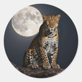 Pegatina Redonda Majestuoso leopardo y luna llena