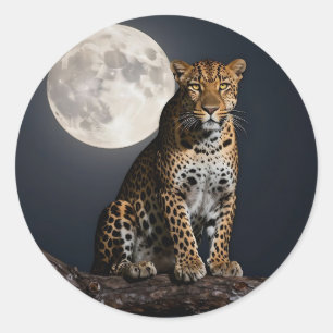 Pegatina Redonda Majestuoso leopardo y luna llena