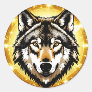 Pegatina Redonda Majestuoso Retrato de Lobo Espíritu Salvaje Regio 