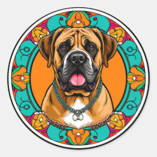 Pegatina Redonda Majestuoso retrato de perro en vibrante mandala fl
