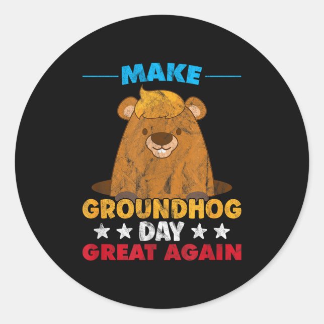 Pegatina Redonda Make Groundhog Day Great Again Woodchuck Shadow An (Anverso)