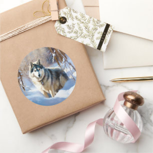 Pegatina Redonda Malamute Aaskan Deja que nieve Navidad