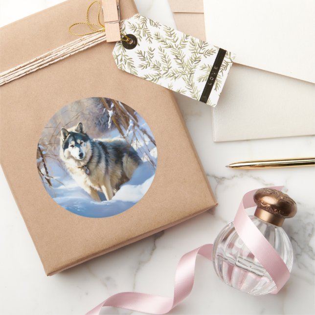 Pegatina Redonda Malamute Aaskan Deja que nieve Navidad (Regalar)