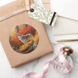 Pegatina Redonda Malamute de Alaska en hojas de otoño se inspira